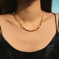 Minimalist freshwater pearl pig nose necklace in 18k gold plating shown on neck - Pig Nose Chain Pearl Necklace (KN0520)