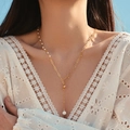 French style gold plated Y-necklace with layered pearls and geometric chain links - Y-Shape Mixed Chain Pearl Necklace (KN0522)