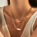 Double-layered gold necklace with paperclip chain and irregular baroque pearl pendant - Double Layer Paperclip Pearl Necklace (KN0535)