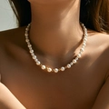 Elegant white shell pearl collar necklace with gold beads on a female model - Pearl Beaded Gold Bead Necklace (KN0551)