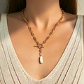 18K gold plated thick chain necklace with toggle clasp and baroque pearl pendant - Heavy Chain OT Clasp Pearl Necklace (KN0532)