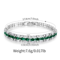 Detailed view of silver flower bracelet with green emerald gems and dimensions - Green and White 3-Row Style (KB0777-3)