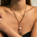 Minimalist 18K gold plated chain necklace featuring a single round white pearl pendant - Paperclip Circle Pearl Necklace (KN0530)