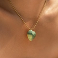 Golden necklace with striped heart pendant and turquoise enamel inlay on neck - Blue and Gold Stripe Style