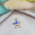 Detailed view of star shaped American flag pendant on beige satin with feathers - Pentagram