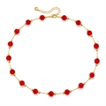Detail of red faceted glass beads on a gold-plated necklace with lobster clasp - Red Bead Gold Chain Necklace (KN0609-6)