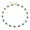 Flat lay of a gold necklace featuring dark green glass beads and adjustable lobster clasp - Dark Green Bead Gold Chain Necklace (KN0609-7)