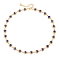 Elegant gold-tone chain necklace featuring heart-shaped blue pendants and adjustable clasp - Deep Blue Heart Necklace (KN0608-4)