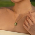 Gold plated vintage necklace with oval green shell pendant and 3D rose flower relief - Dark Green Embossed Rose Style (KN0602-3)
