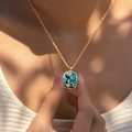 Bohemian 18K gold plated necklace with blue enamel flower pendant and pearl detail - Dark Blue Enamel Rectangle Flower Style (KN0603-4)