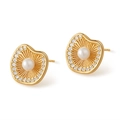 Boucles d'oreilles vintage en or avec perle centrale et halo de diamants brillants - Style Éventail Vintage (KE1803)