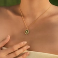 Elegant gold necklace with oval green enamel rose pendant and white cubic zirconia accents - Vintage Oval Rose Style (KN0602-2)