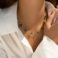 Gold-plated choker necklace featuring translucent emerald green faceted glass beads - 18K Gold / Green Style (KN0609-7)