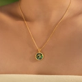 Detail of a gold choker necklace featuring a round iridescent shell dolphin pendant - Round Dolphin Star Moon Style (KN0602-5)