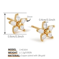 Macro view of 18K gold plated copper flower stud earrings with sparkling zircons - Five-Petal Flower Style (KE1814)