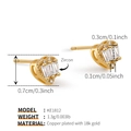 Detail view of heart-shaped bow stud earrings with dimensions and 18K gold plated specs - Baguette Zircon Heart Style (KE1813)
