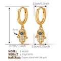 Detaillierte Maße der 18k vergoldeten Hamsa-Hand-Ohrringe mit blauem Zirkon - Goldene Hand der Fatima Stil (KE1828-1)