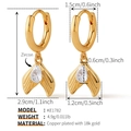 Detailed dimensions of 18K gold plated fishtail hoop earrings with cubic zirconia - Gold Zircon Fish Tail (KE1782)