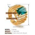 Macro detail of 18K gold plated ring KR0285 featuring green zircon and cubic zirconia - One Size / Green Rectangular Main Stone Style (KR0285-2)