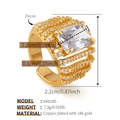 Detail view of 18K gold plated copper ring showing dimensions and zircon setting - One Size / Clear Rectangular Main Stone Style (KR0285-1)