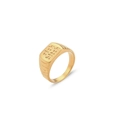 Golden signet ring with Rich Bitch engraving and decorative side notches on white background - US 6 / RICH BITCH (Gold)