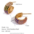 18K gold plated stainless steel C-shaped hoop earrings with colorful AAA zircons - Multicolor Zircon C-Shape Hoop-Gold