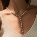 Élégant collier lasso en Y or 18 carats avec pendentifs rectangulaires en nacre blanche - KN0651-2 (Collier Y Perle Artificielle Carrée) / Or 18 carats