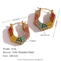 Rainbow CZ hexagon hoop earrings in 18k gold plated 316L stainless steel, 25mm wide - Hexagon Rhinestone Box Hoop Earrings - Large - Multi-color Zircon