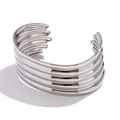 Minimalist silver multilayer open bangle bracelet with a polished stainless steel finish - Exaggerated Multilayer Wide Open / Steel