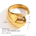 Detailed size view of an 18K gold-plated liquid drop 316L stainless steel ring - Large Water Drop Open Ring (Gold)