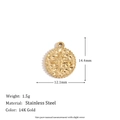 14K gold plated stainless steel circular pendant with embossed starburst and bead edge - Four-Pointed Star Rippled Disc