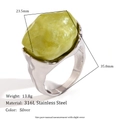 Silver stainless steel ring featuring a large irregular yellow-green gemstone inlay - Fluid Metal Irregular Ring (Steel-Light Green-Size 7)