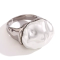 Modern silver-toned ring with irregular lava design and oversized baroque pearl accent - Liquid Metal Baroque Ring (Steel-Pearl-Size 6)