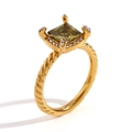 Vintage 18K gold plated stainless steel ring with green square gem and twisted band - Square Gemstone Twist Ring (Gold-Green-Size 6)
