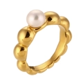 Bubble design ring in 18K gold plated stainless steel with a white pearl accent - Wave Artificial Pearl Ring (Gold-Size 6)