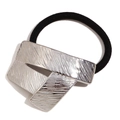 Silver-tone geometric hair tie with engraved texture and black elastic band - Origami Style (Steel Color)