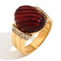 Retro wide band ring with 18K gold finish, oval dark red stone and sparkling side stones - Oval Acrylic Rhinestone (Gold Red)