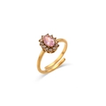 Adjustable 18K gold plated ring featuring an oval pink zircon and sparkling clear stones - Adjustable Open / Gold with Pink Zirconia