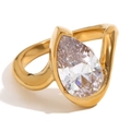 Chic 18K gold plated stainless steel ring featuring a large pear-shaped white zircon - Teardrop White Zirconia (Gold)