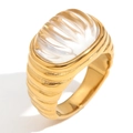 Retro style 18K gold plated stainless steel ring with oval transparent striped stone - Square Acrylic Rhinestone (Gold Transparent)