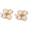 Pendientes de pétalos geométricos bañados en oro de 18K con acabado de esmalte - Pendientes de Flor Blanca - Dorado