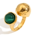 French vintage 18K gold plated stainless steel open ring with green cat eye stone - Double Head Green Agate (Gold)