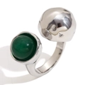 Silver open ring featuring a green malachite stone and textured molten metal sphere - Double Head Green Agate (Steel)