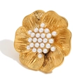 18K gold plated stainless steel floral ring with white pearls and textured petals - Faux Pearl Flower (Gold)