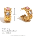 Detailed view of 18K gold plated C-shape earrings with colorful crystals and hammered texture - Earrings / Irregular Texture Multicolor Zirconia Earrings Gold