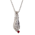 Vintage stainless steel necklace with hand palm pendant holding a red heart crystal gem - Steel Color