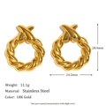 Detailansicht der 18K vergoldeten Edelstahl-Creolen mit Maßen und gedrehtem Design - Gedrehtes Rundes Kreuz X - Gold