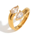 Polished 18K gold-plated stainless steel double-layered ring with two pear-shaped zircons - Double Water Drop Zirconia Open Ring-Gold