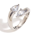 Silver adjustable ring featuring pear-shaped clear stones in a crossover design - Double Water Drop Zirconia Open Ring-Steel