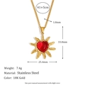 18K gold plated stainless steel sunburst necklace with red heart agate pendant - Red Agate Heart Sun Pendant Necklace-Gold